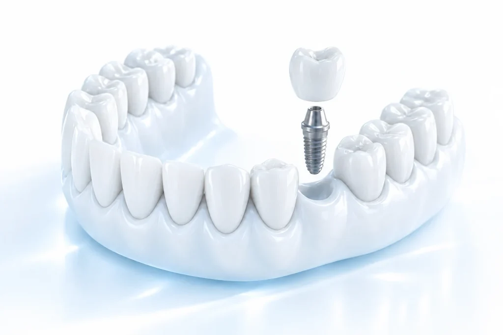 Concept rendering of a dental arch, implant and crown; nonclinical illustration